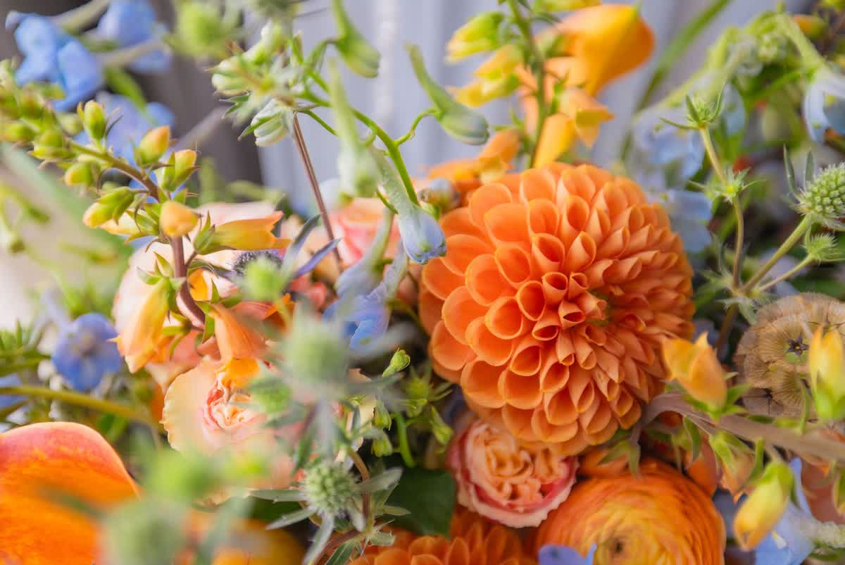 Bright orange and blue floral arrangement detail